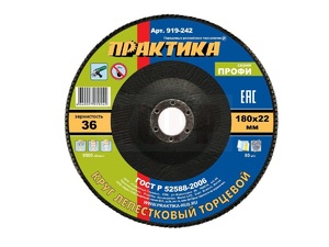 Круг лепестковый шлифовальный ПРАКТИКА 180 х 22 мм Р36 (1шт.) серия Профи